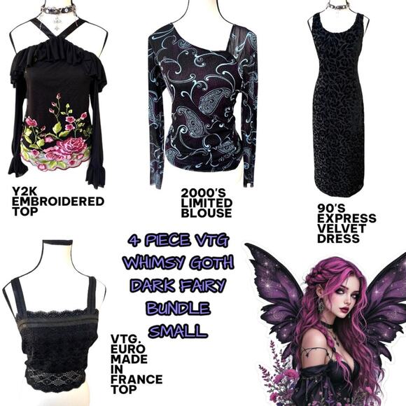 Y2K VTG. 4PC. WHIMSYGOTH DARK ROMANTIC FAIRY DRESS TOPS BUNDLE SMALL - Picture 1 of 6